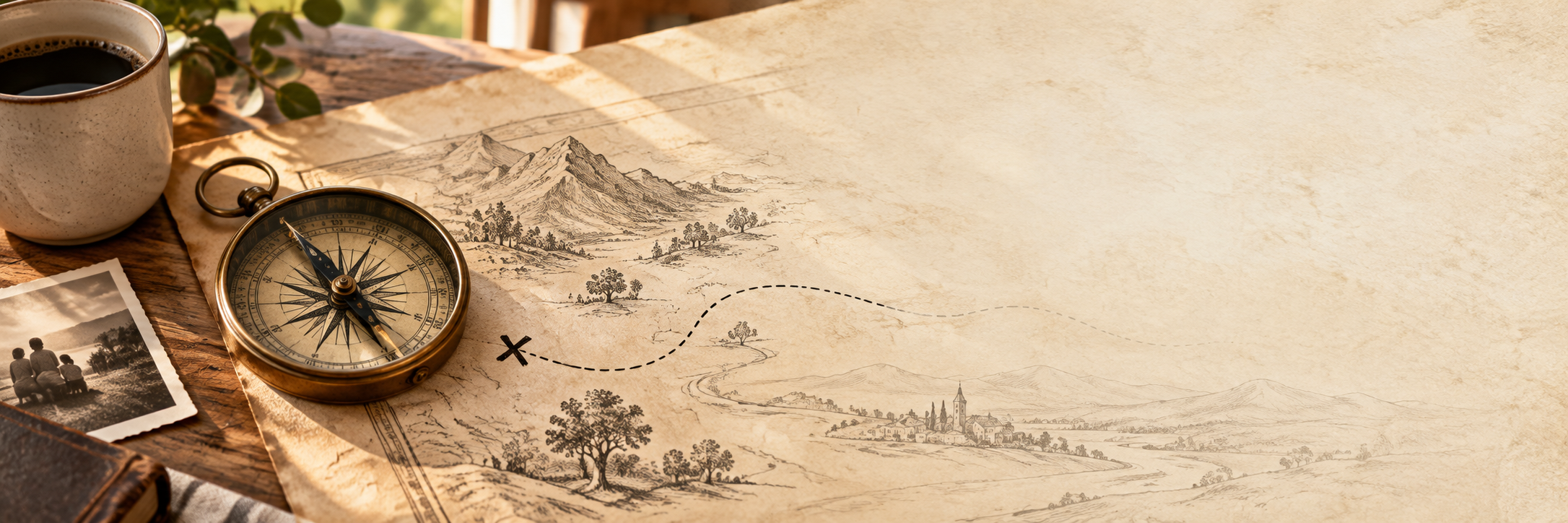 A map, a compass, and a cup of coffee on a wooden table