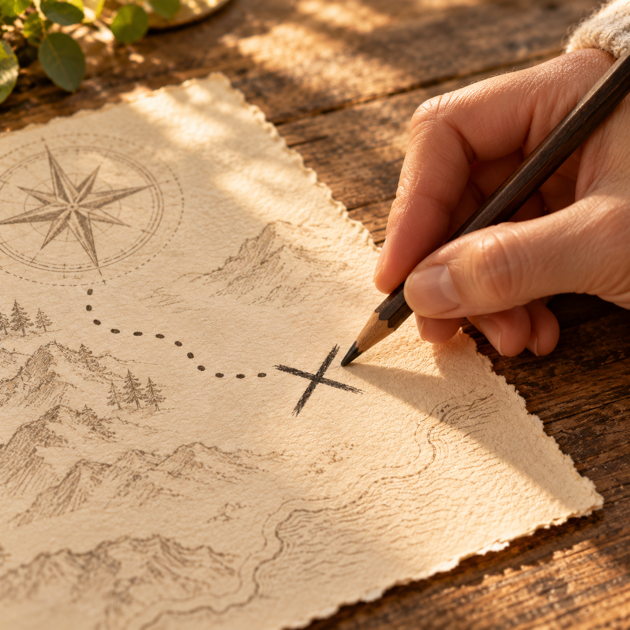 Marking the X on a hand-drawn map